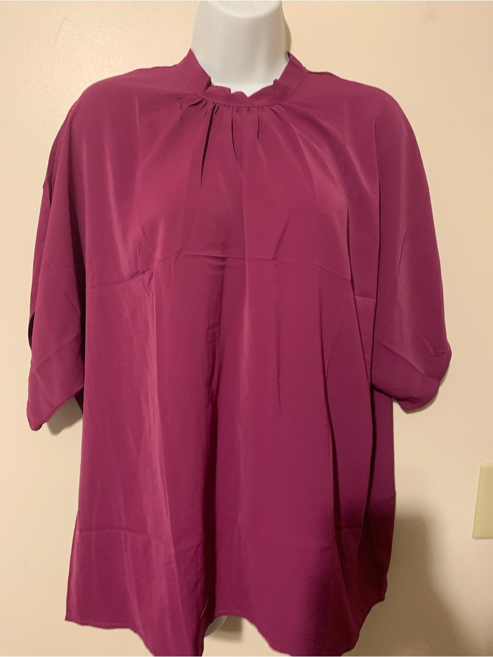 Magenta Short-Sleeve Pleated Neck Blouse